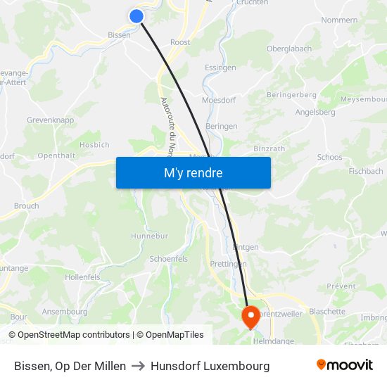 Bissen, Op Der Millen to Hunsdorf Luxembourg map