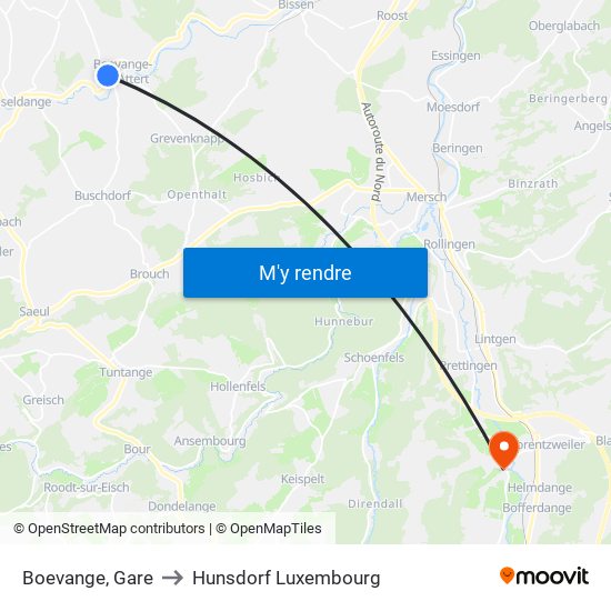 Boevange, Gare to Hunsdorf Luxembourg map