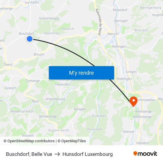 Buschdorf, Belle Vue to Hunsdorf Luxembourg map