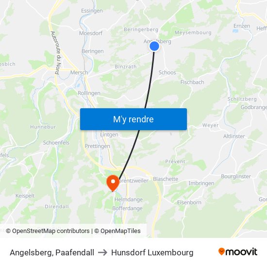 Angelsberg, Paafendall to Hunsdorf Luxembourg map