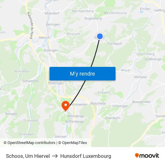 Schoos, Um Hiervel to Hunsdorf Luxembourg map