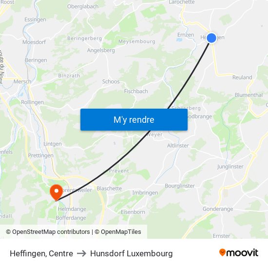 Heffingen, Centre to Hunsdorf Luxembourg map