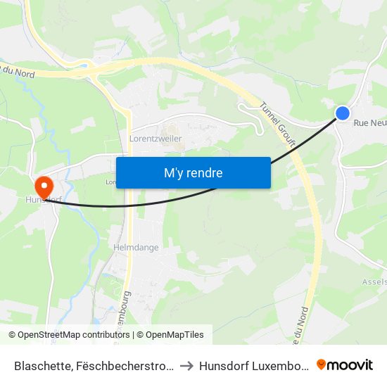 Blaschette, Fëschbecherstrooss to Hunsdorf Luxembourg map