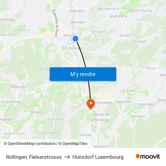 Rollingen, Fielserstrooss to Hunsdorf Luxembourg map