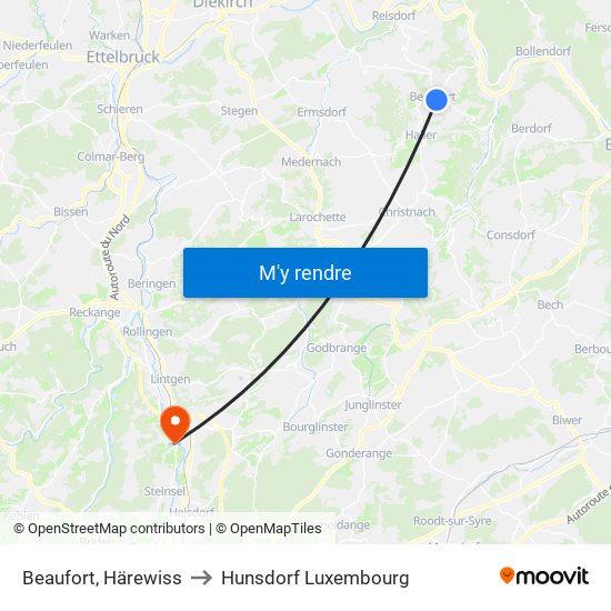 Beaufort, Härewiss to Hunsdorf Luxembourg map