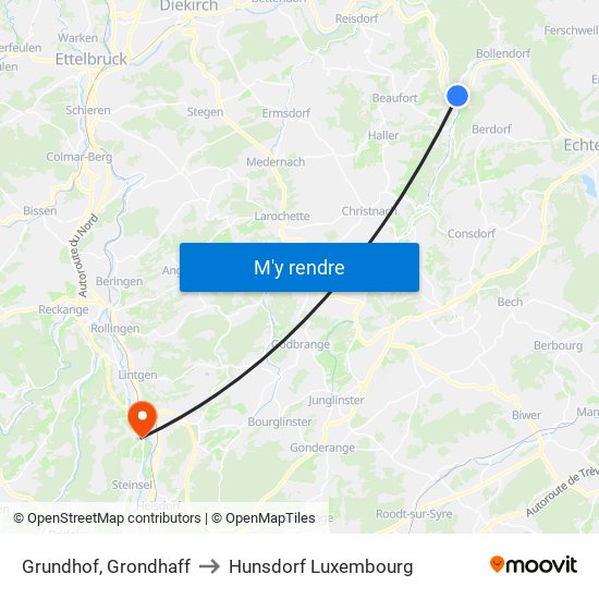 Grundhof, Grondhaff to Hunsdorf Luxembourg map