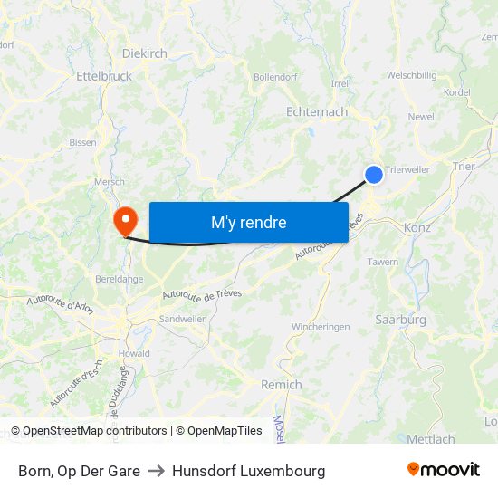 Born, Op Der Gare to Hunsdorf Luxembourg map