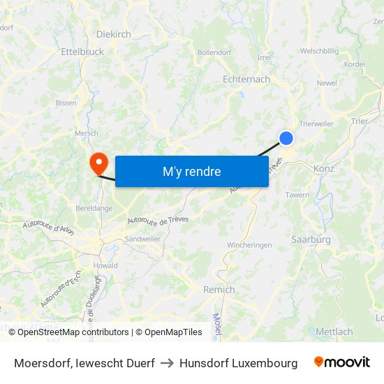 Moersdorf, Iewescht Duerf to Hunsdorf Luxembourg map