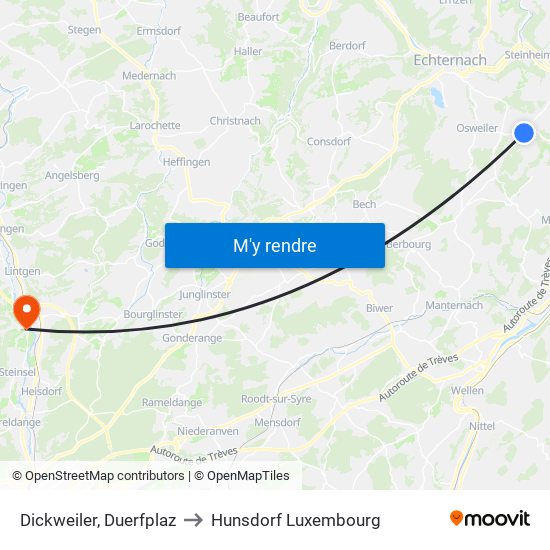 Dickweiler, Duerfplaz to Hunsdorf Luxembourg map