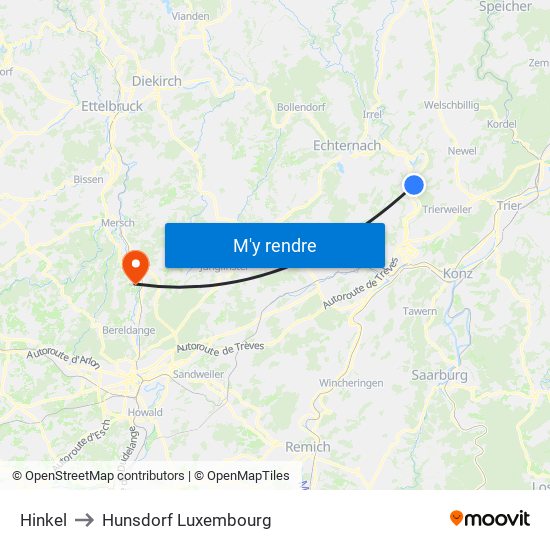 Hinkel to Hunsdorf Luxembourg map