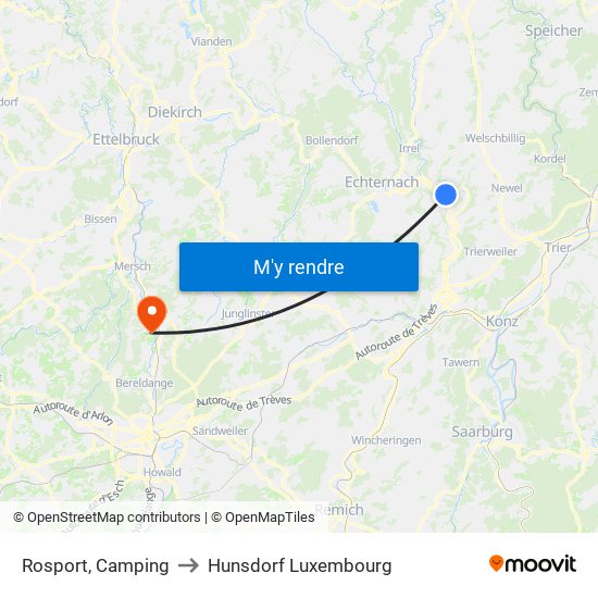 Rosport, Camping to Hunsdorf Luxembourg map