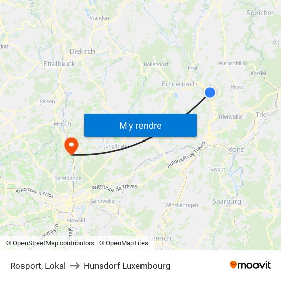 Rosport, Lokal to Hunsdorf Luxembourg map