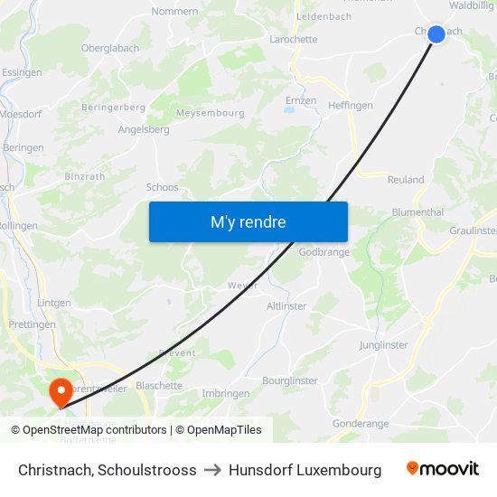 Christnach, Schoulstrooss to Hunsdorf Luxembourg map