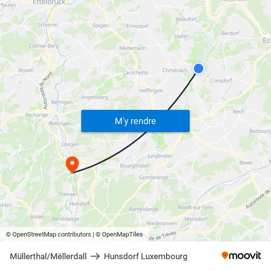 Müllerthal/Mëllerdall to Hunsdorf Luxembourg map