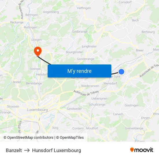 Banzelt to Hunsdorf Luxembourg map