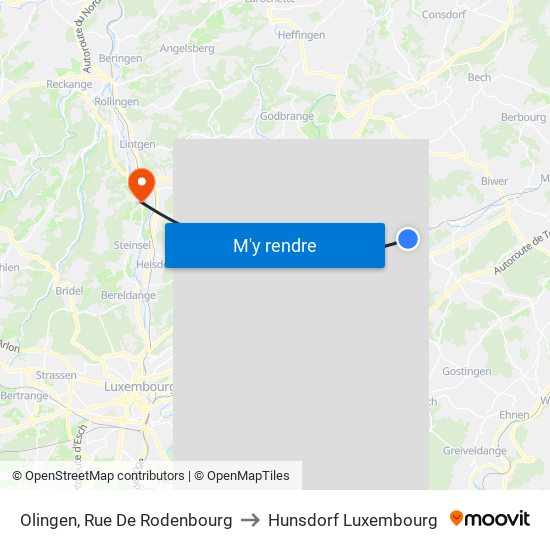 Olingen, Rue De Rodenbourg to Hunsdorf Luxembourg map