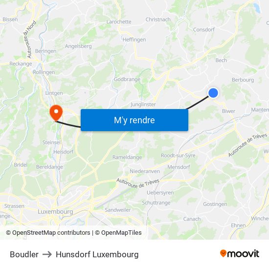 Boudler to Hunsdorf Luxembourg map