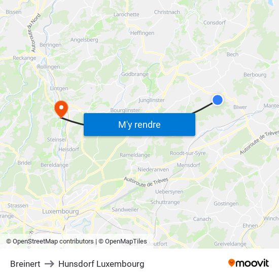 Breinert to Hunsdorf Luxembourg map