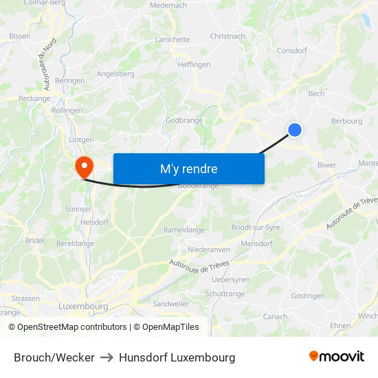 Brouch/Wecker to Hunsdorf Luxembourg map