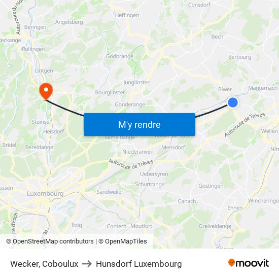 Wecker, Coboulux to Hunsdorf Luxembourg map
