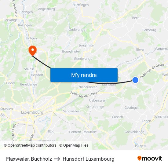 Flaxweiler, Buchholz to Hunsdorf Luxembourg map