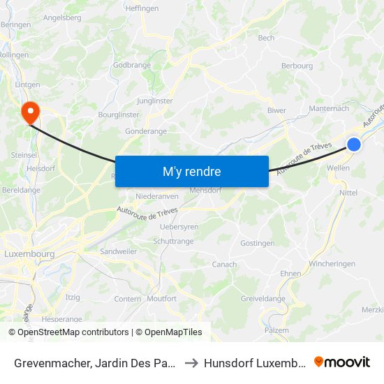 Grevenmacher, Jardin Des Papillons to Hunsdorf Luxembourg map