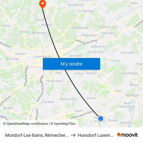 Mondorf-Les-Bains, Réimecherstrooss to Hunsdorf Luxembourg map