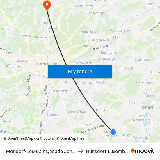 Mondorf-Les-Bains, Stade John Grün to Hunsdorf Luxembourg map