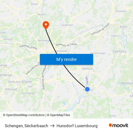 Schengen, Séckerbaach to Hunsdorf Luxembourg map