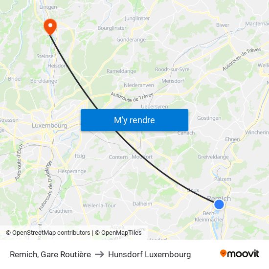 Remich, Gare Routière to Hunsdorf Luxembourg map