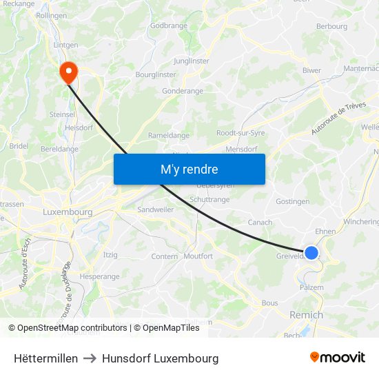 Hëttermillen to Hunsdorf Luxembourg map