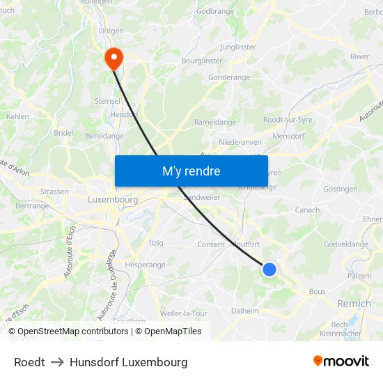Roedt to Hunsdorf Luxembourg map