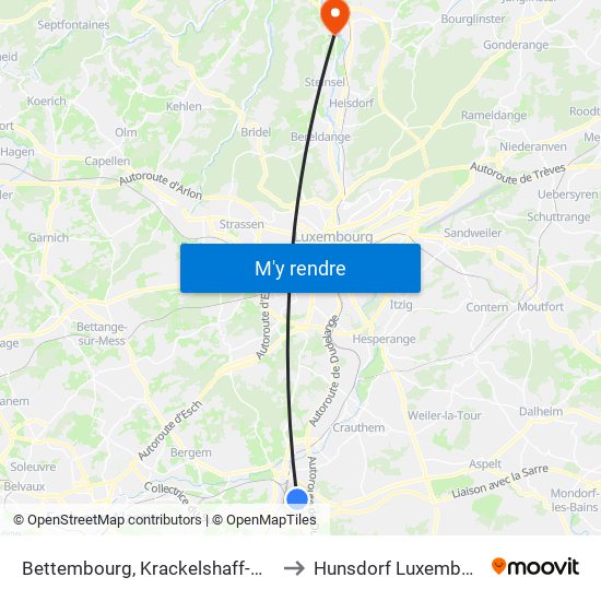 Bettembourg, Krackelshaff-Moog to Hunsdorf Luxembourg map