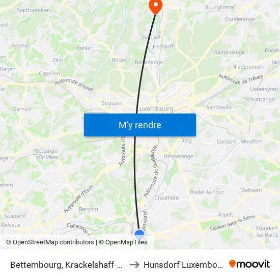 Bettembourg, Krackelshaff-P&T to Hunsdorf Luxembourg map