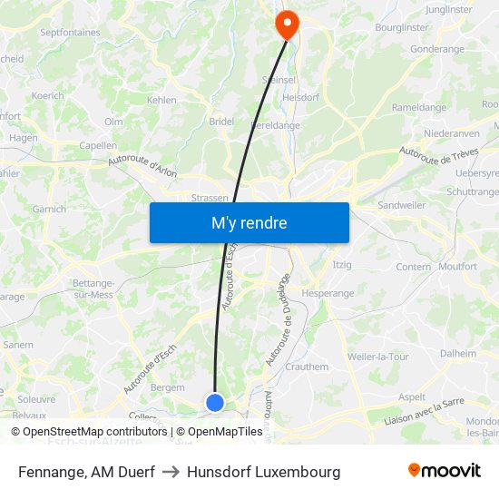 Fennange, AM Duerf to Hunsdorf Luxembourg map