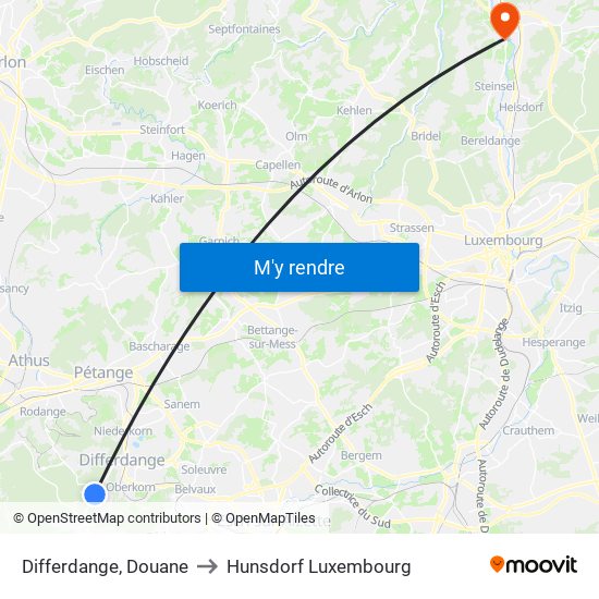 Differdange, Douane to Hunsdorf Luxembourg map