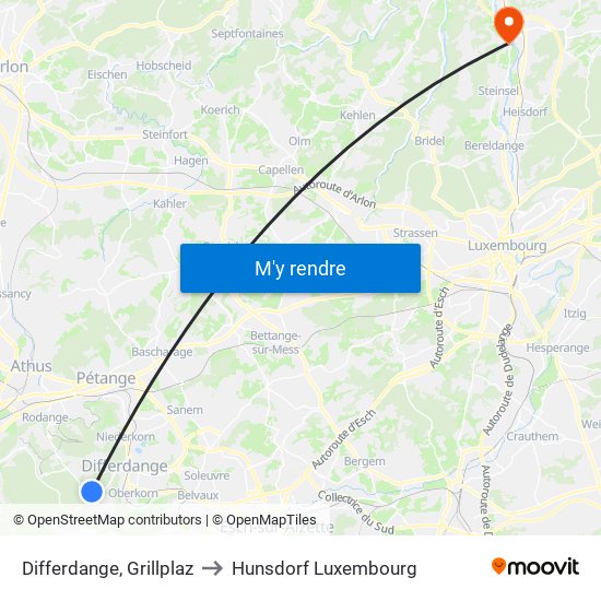 Differdange, Grillplaz to Hunsdorf Luxembourg map