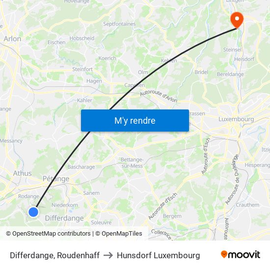 Differdange, Roudenhaff to Hunsdorf Luxembourg map