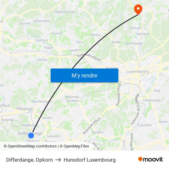 Differdange, Opkorn to Hunsdorf Luxembourg map