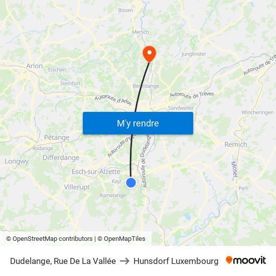 Dudelange, Rue De La Vallée to Hunsdorf Luxembourg map