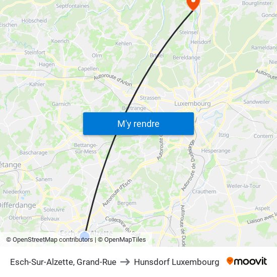 Esch-Sur-Alzette, Grand-Rue to Hunsdorf Luxembourg map