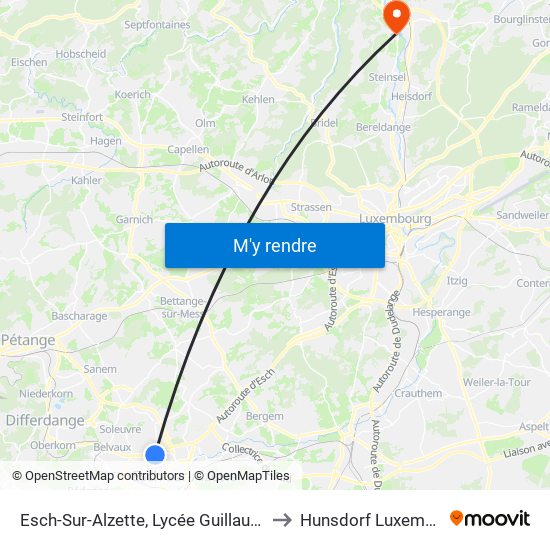 Esch-Sur-Alzette, Lycée Guillaume Kroll to Hunsdorf Luxembourg map