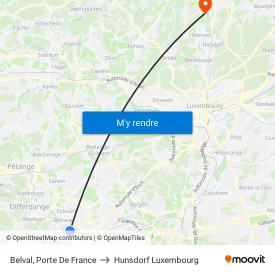 Belval, Porte De France to Hunsdorf Luxembourg map