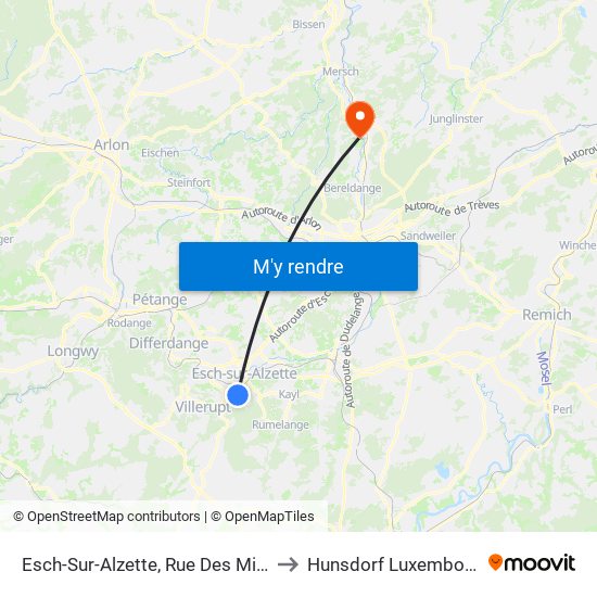 Esch-Sur-Alzette, Rue Des Mines to Hunsdorf Luxembourg map