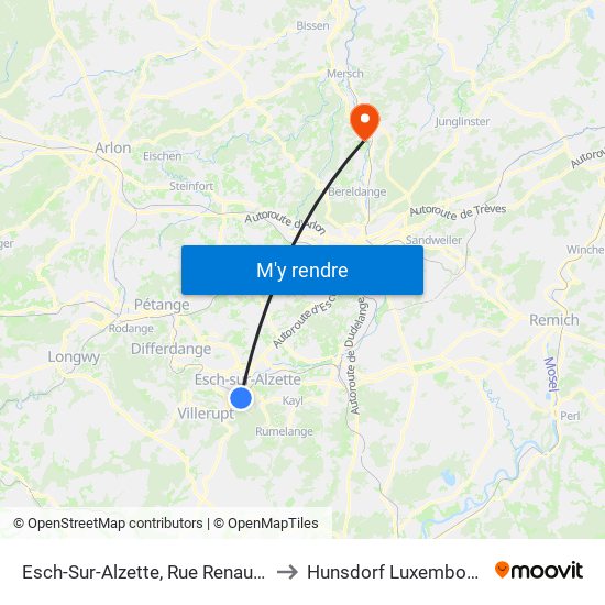 Esch-Sur-Alzette, Rue Renaudin to Hunsdorf Luxembourg map
