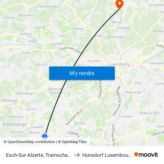 Esch-Sur-Alzette, Tramschapp to Hunsdorf Luxembourg map