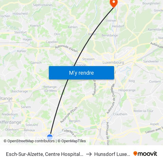 Esch-Sur-Alzette, Centre Hospitalier E. Mayrisch to Hunsdorf Luxembourg map