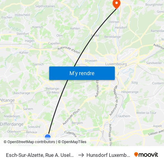 Esch-Sur-Alzette, Rue A. Useldinger to Hunsdorf Luxembourg map