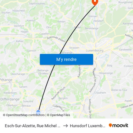 Esch-Sur-Alzette, Rue Michel Lentz to Hunsdorf Luxembourg map