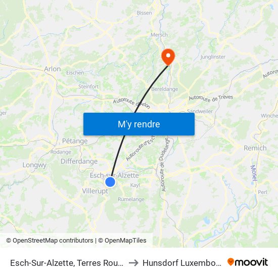 Esch-Sur-Alzette, Terres Rouges to Hunsdorf Luxembourg map